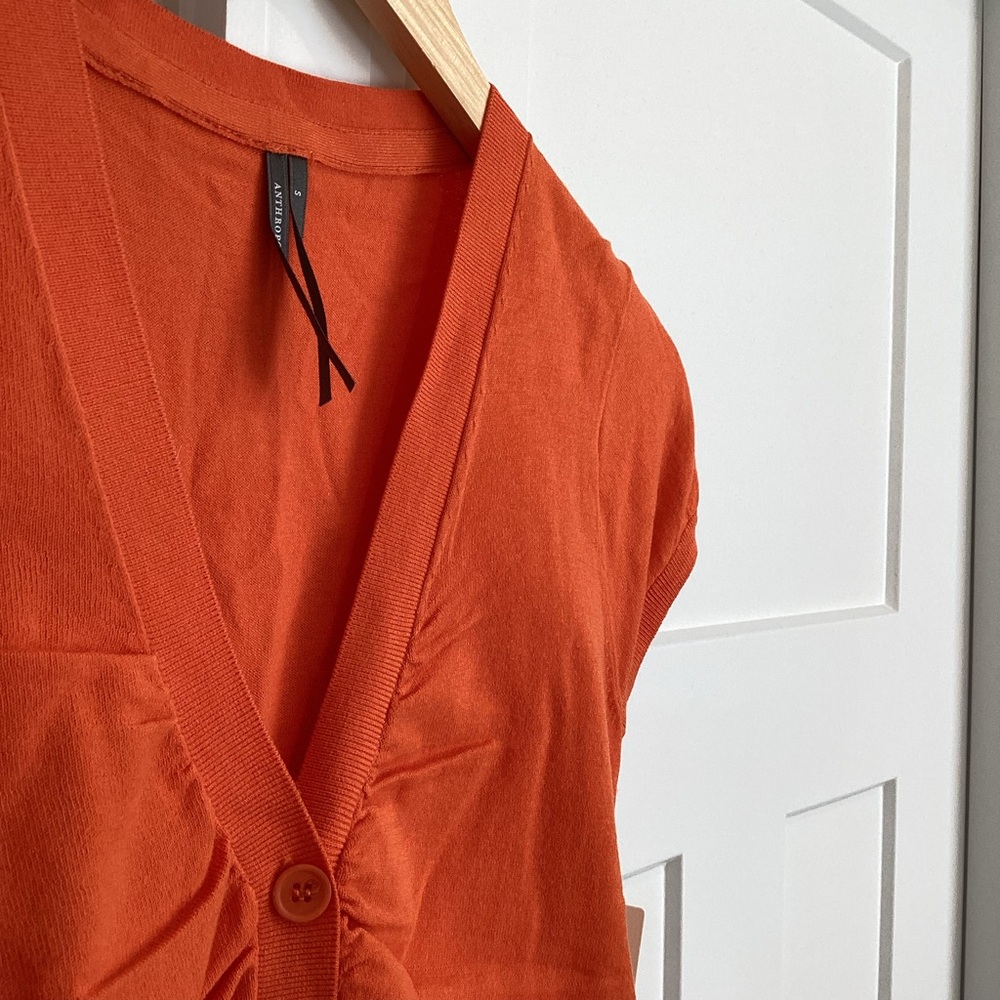 Anthropologie Cardigan Ruched Short-Sleeve V-Neck Sweater NEW Orange - Picture 7 of 12